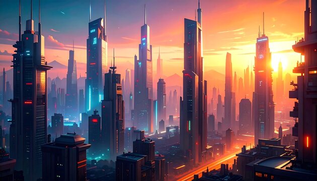 Futuristic city skyline at sunset (1)