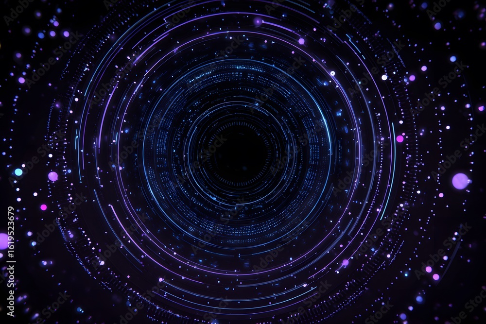 Poster abstract digital background with blue and purple circular patterns on black, representing data flow 