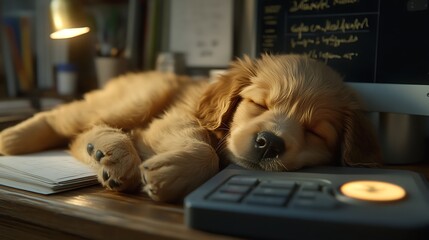 Golden retriever puppy resting on a desk.