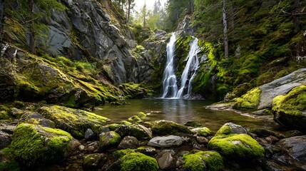 Fototapeta premium Spring Waterfall Cascading into Mossy Gorge Save to Library Download Preview Preview Crop Find Similar File .
