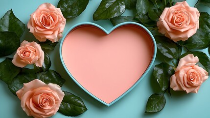 Heart-shaped container surrounded by peach roses on a mint-green background.