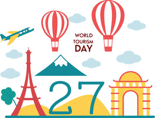 Airplane hot air balloons mountain arch tower travel tourism