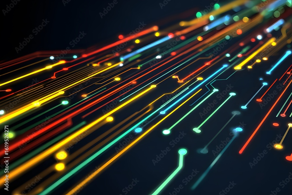 Poster abstract background with glowing lines and colorful digital elements on a dark blue background