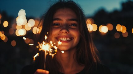 Teen Holding Sparkler at Night,  Teen girl joyfully holding sparkler at night with warm bokeh background,  anniversary, jubilei, birthday party, carnival
