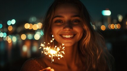 Teen Holding Sparkler at Night,  Teen girl smiling with sparkler at night in city lights background,  anniversary, jubilei, birthday party, carnival
