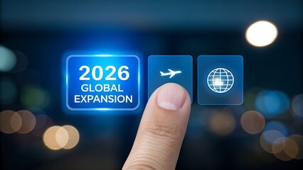 Finger presses 2026 global expansion button on futuristic screen