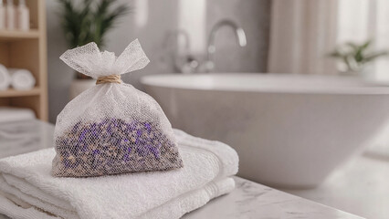 lavender sachet near tub, for spa product promotion, wellness-themed social media post, product detail image for natural bath accessories, Scandinavian interior style,