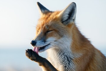 Fototapeta premium Close-up of a red fox licking its paw with eyes closed in natural morning light against a soft blue sky background, symbolizing peaceful wildlife moment. Ai generative