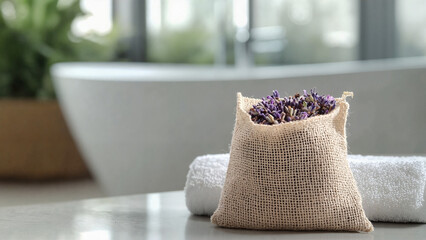lavender sachet near tub, for spa product promotion, wellness-themed social media post, product detail image for natural bath accessories, Scandinavian interior style,