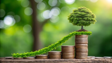 Green growth tree on stacked coins symbolizing financial success