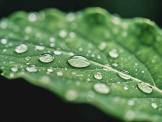 A macro photograph showing fresh water droplets on the surface of a green leaf. The detailed texture and natural patterns highlight the beauty of nature, suitable for environmental and botanical theme