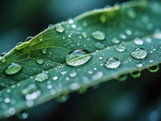 Macro photograph of morning dew drops resting delicately on a fresh green leaf. The natural veins and soft lighting enhance the tranquil mood, suitable for concepts like purity, hydration, eco nature