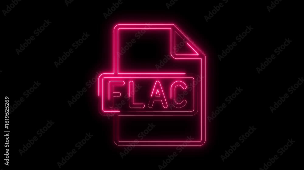 Poster glowing neon pink f l a c file icon animation isolated on black background futuristic digital audio 