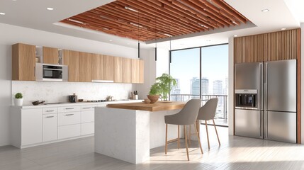 Bright kitchen with wood accents, white counters, stainless steel appliances, and large windows