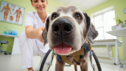 Veterinary professional caring for a wheelchair-bound dog in a bright clinic setting