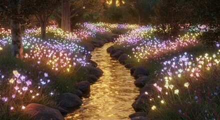 Glowing Flowers and Stream in Enchanted Forest Scene