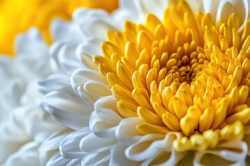 Fototapeta premium Exquisite Macro Capture of a Chrysanthemum Flower with Contrasting White Petals and Bright Yellow Center