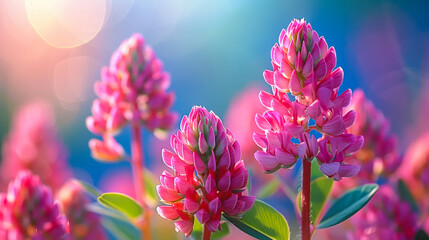 Flowering clover in volumetric, bright, photographic-quality image on blurred background. Close-up. Copy space for text.
