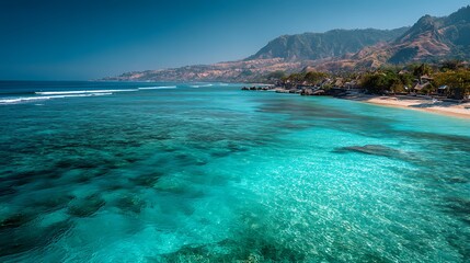 Fototapeta premium Stunning turquoise ocean water with mountain view background sea sky sun blue calm green clear beach .