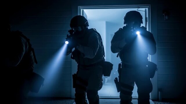 Special forces soldiers with tactical gear and rifles entering a building on a mission at night, illuminated by flashlights, footage.