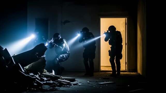 Elite special forces squad illuminates dark dilapidated room, moving cautiously, ready for tactical operation, action footage.