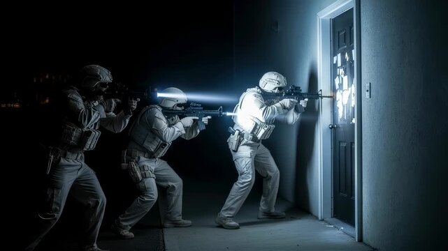 Special forces soldiers assault a door in a tactical operation using rifle lights in dark environment footage.