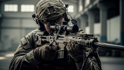 Male elite special forces sniper aims rifle with precision in an urban combat training environment, military footage.