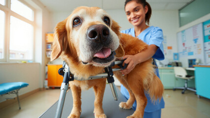 Veterinary care for a golden retriever receiving treatment in a clinic