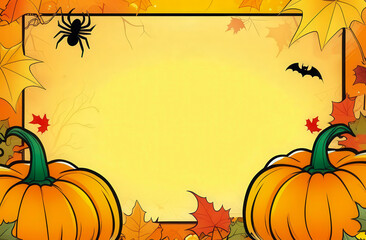 Autumn frame for card with pumpkins, yellow leaves, bat and spider. Festive Halloween background. Cartoon illustration. Copy space.
