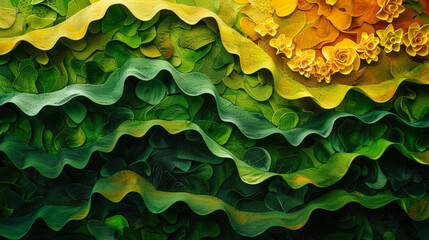 Abstract art composition made entirely from various types of colorful decorative moss and different colorful wave shapes. Visually striking, natural moss textures, shapes and patterns.