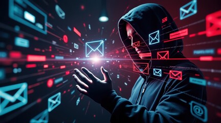 Cybercriminal in a hoodie interacting with glowing digital email icons and data streams