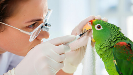 Veterinary expert providing care to a parrot in a modern clinic environment