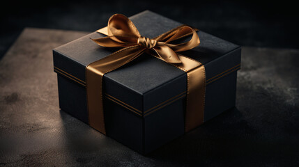 A closed, matte black rectangular gift box with a single, elegant gold ribbon is placed on a dark, moody background, creating a premium and sophisticated look.