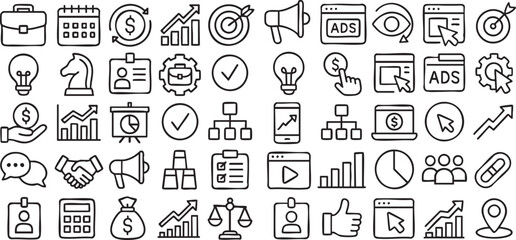 Business Icons Set Hand Drawn Style.