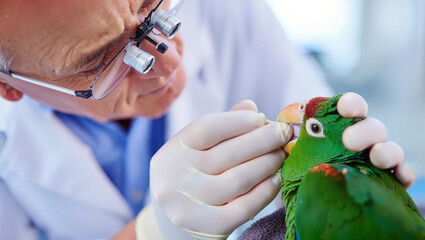 Veterinarian providing care to a parrot in a clinic during a routine check-up