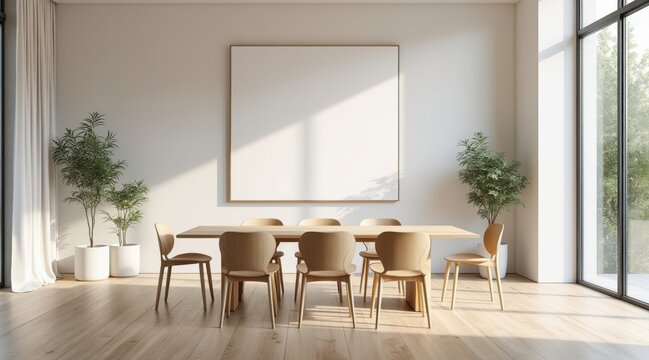 Modern dining room with large blank canvas and natural light