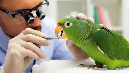 Veterinary care for a green parrot during a dental checkup in a veterinary clinic