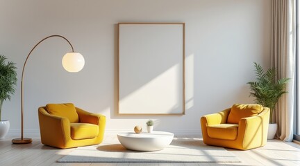 Modern living room with two yellow armchairs and a blank canvas on the wall