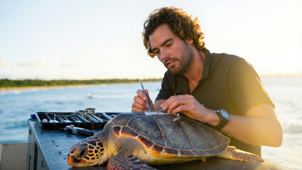 Veterinarian providing medical care to a sea turtle during a sunset by the ocean
