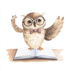 Naklejka premium Wise owl with glasses and bow tie perched on open book in watercolor illustration
