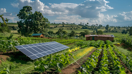 Solar panels in a rural farm landscape with crops and buildings under a cloudy bright sky scene view .