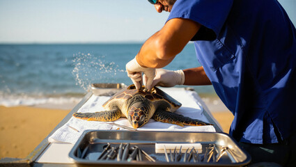 Veterinary care for sea turtle on the beach during a rehabilitation session