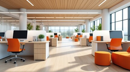 Bright modern office interior with orange chairs and natural light