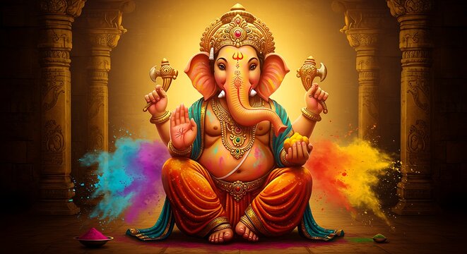 Lord Ganesha blessing devotees during the festival of Holi with vibrant colors and divine grace for prosperity and good fortune