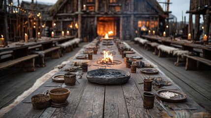 Rustic Viking Feast Hall Table Set for Celebration – Historical Atmosphere