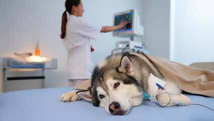 Veterinary nurse providing care to a sick dog in a medical facility