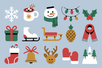 Christmas festive icons and elements in a minimalist style