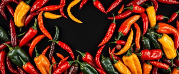 A fiery explosion of colorful chili peppers, diverse shapes & sizes, against a deep black backdrop, vibrant, closeup