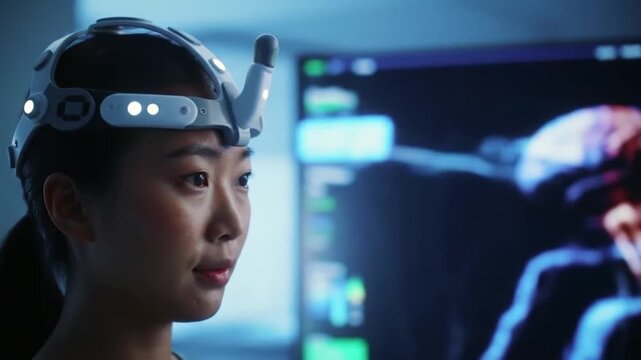 Young Woman Wearing Futuristic EEG Headset Analyzes Brain Scan Data in High-Tech Lab Setting.