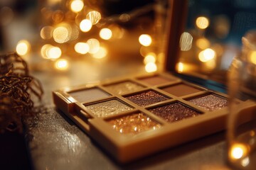 A makeup palette on a table with warm lights. The palette is gold and sparkly.